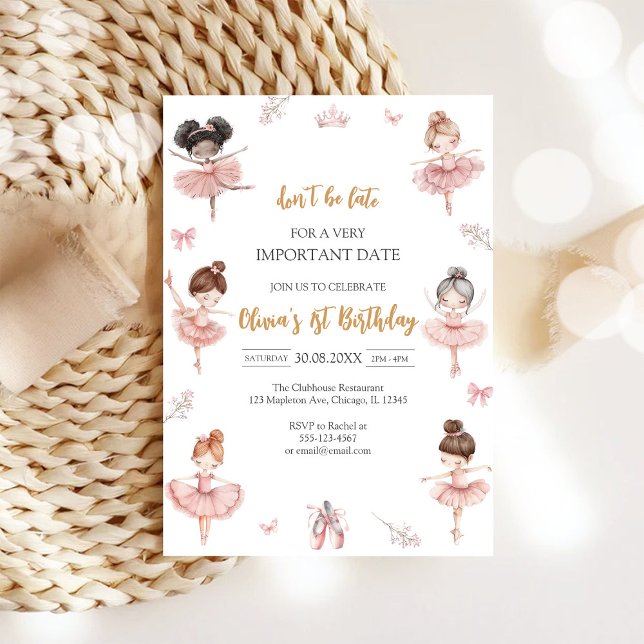 Invitation Whimsical Pink Brown Bows Ballerina Birthday (Créateur téléchargé)