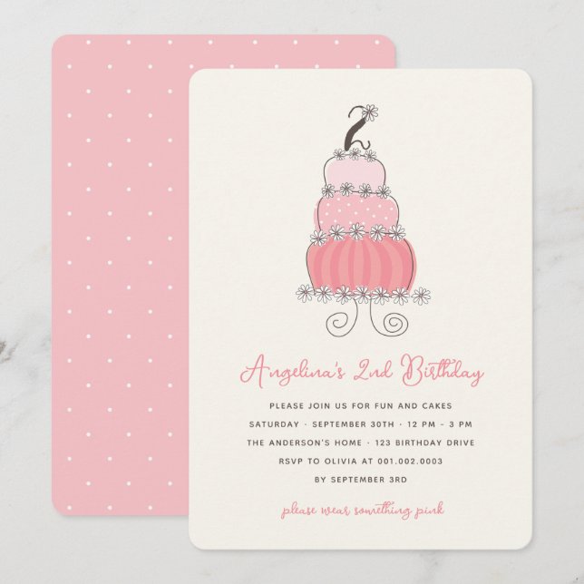 Invitation Whimsical Pink Cake Girl 2e anniversaire Invitatio (Devant / Derrière)