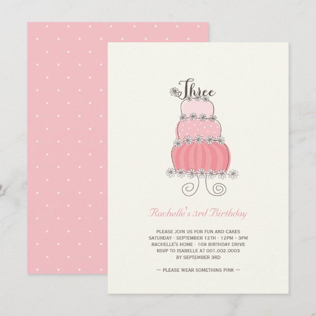 Invitation Whimsical Pink Cake Girl 3ème anniversaire Invitat (Devant / Derrière)