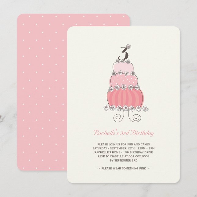 Invitation Whimsical Pink Cake Girl 3ème anniversaire Invitat (Devant / Derrière)