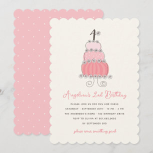 Invitation Whimsical Pink Cake Girl 4e anniversaire Invitatio