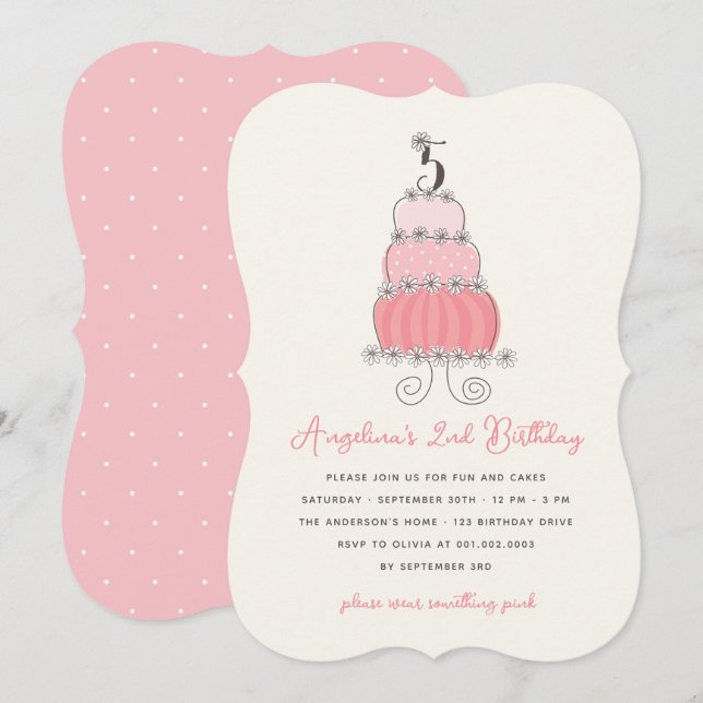 Invitation Whimsical Pink Cake Girl 5e anniversaire Invitatio (Devant / Derrière)