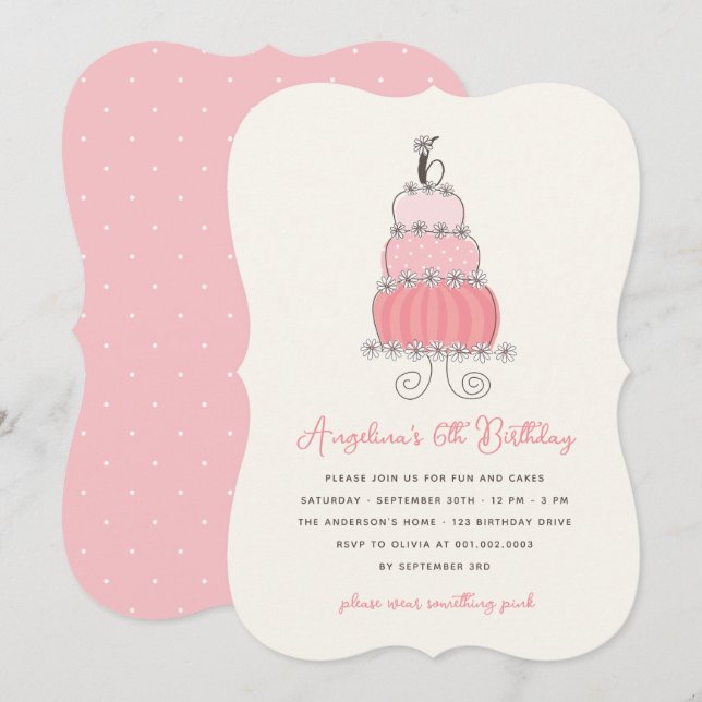 Invitation Whimsical Pink Cake Girl 6e anniversaire Invitatio (Devant / Derrière)
