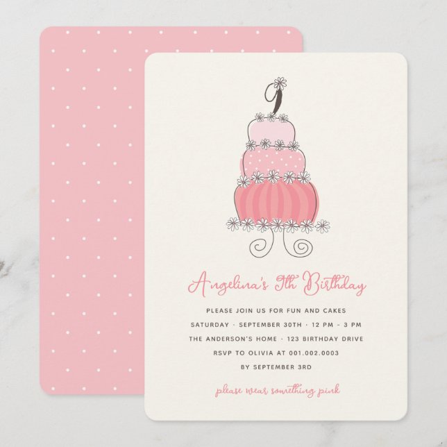 Invitation Whimsical Pink Cake Girl 9e anniversaire Invitatio (Devant / Derrière)