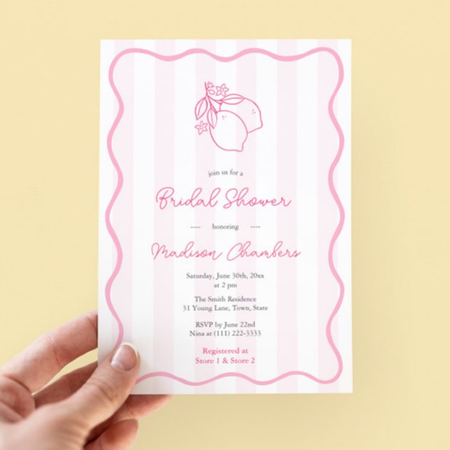 Invitation Whimsical Pink Citrus Bridal Shower (Pretty pink and white doodles citrus lemon bridal shower invitation with modern wavy border)