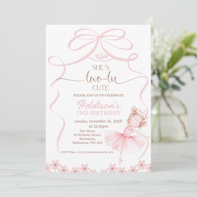 Invitation Whimsical Pink Crown Ballerina Deux Tu 2e Annivers (Debout devant)