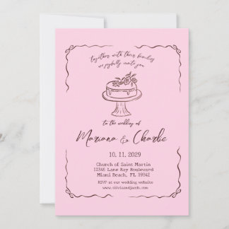 Invitation Whimsical Pink Hand Drawn Illustration Wedding 