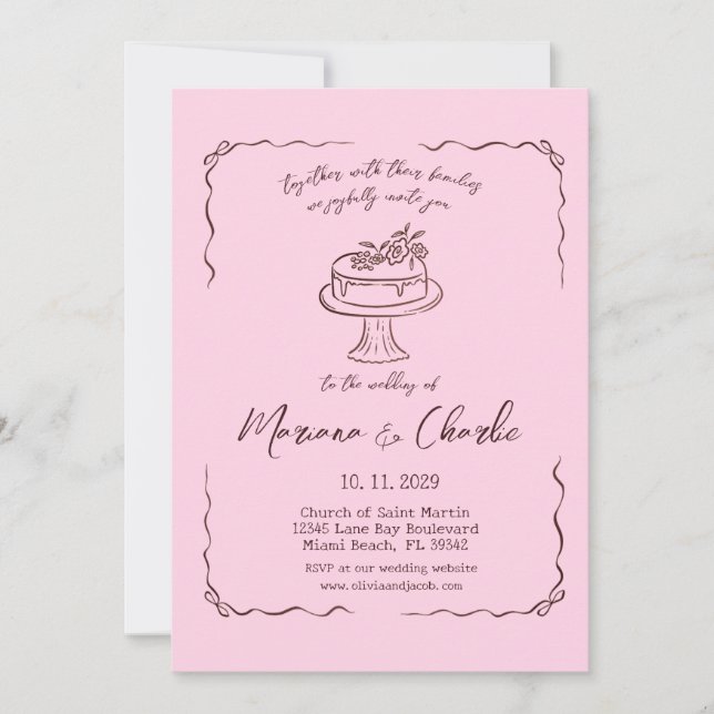 Invitation Whimsical Pink Hand Drawn Illustration Wedding  (Devant)