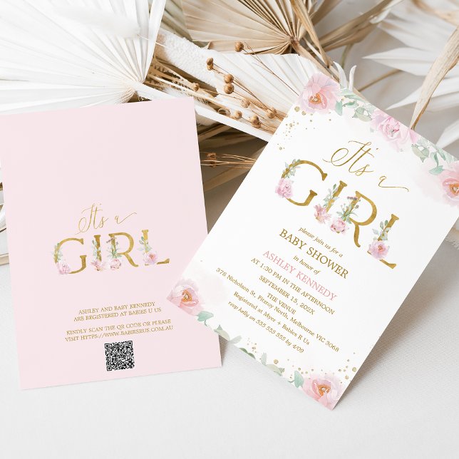 Invitation Whimsical Pink Peonies C'est un Baby shower de fil (It's a Girl baby Shower Invitation Template, Pink Floral Peonies Baby Shower Invitation Girl QR Code)