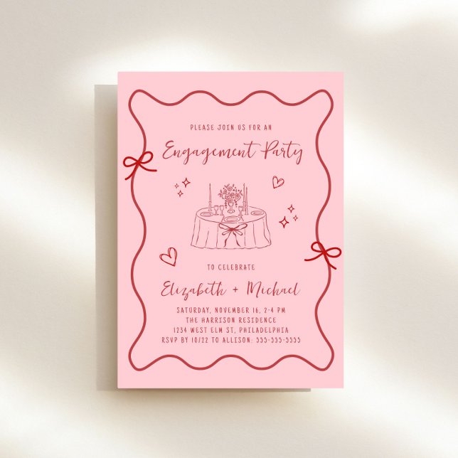 Invitation Whimsical Pink Red Wavy Frame Engagement (Whimsical pink + red engagement party invitation to set the tone for an unforgettable event)