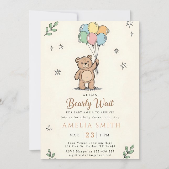 Invitation Whimsical Pink Yellow Teddy bear baby shower (Devant)