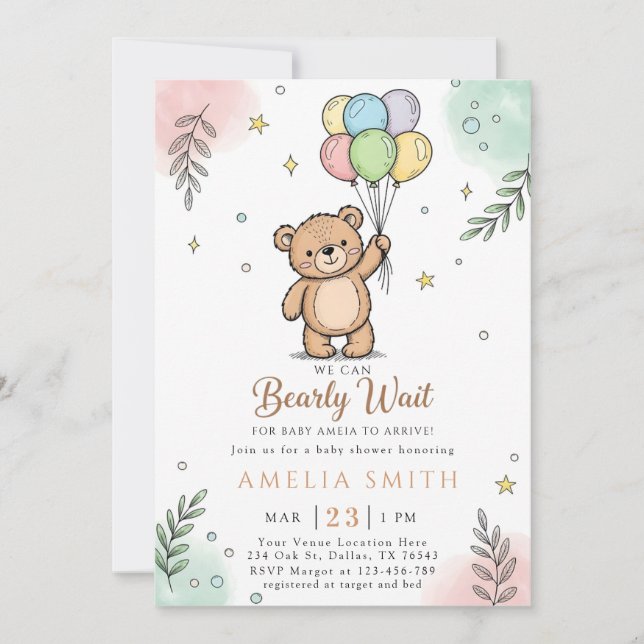 Invitation Whimsical Pink Yellow Teddy bear baby shower (Devant)