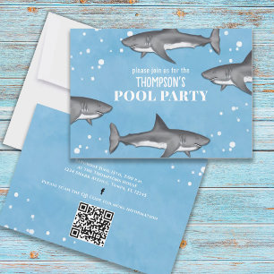 Invitation Whimsical Pool Party Sharks QR Code Social Media