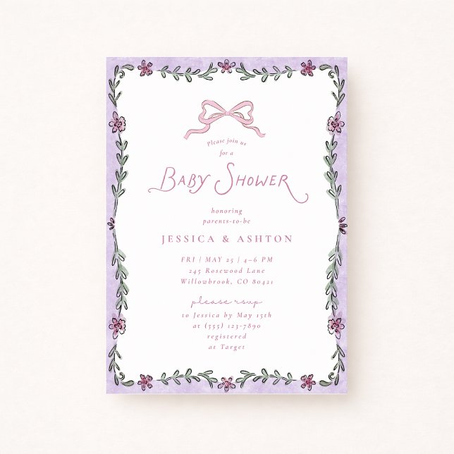 Invitation Whimsical Purple Floral Frame Baby Shower  (Créateur téléchargé)