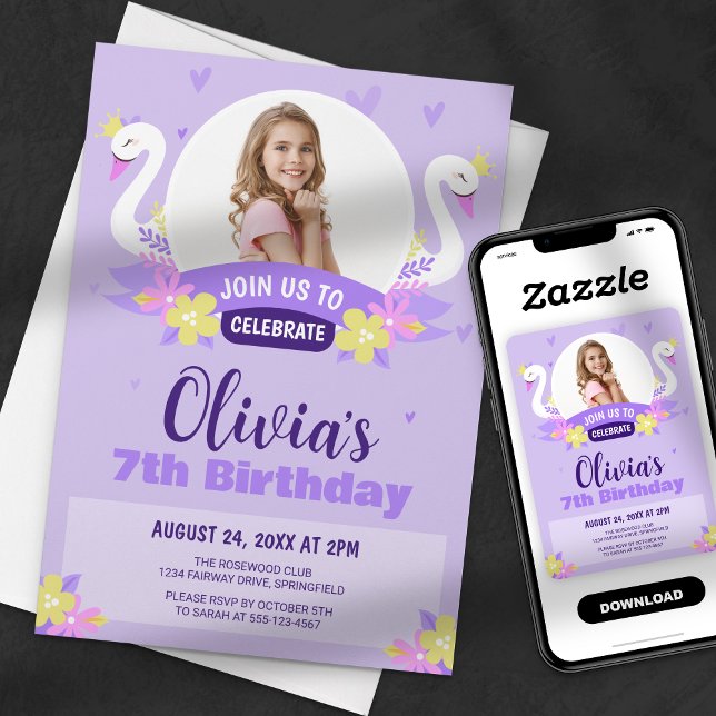 Invitation Whimsical Purple Swan Princess Photo Girl Annivers (Créateur téléchargé)