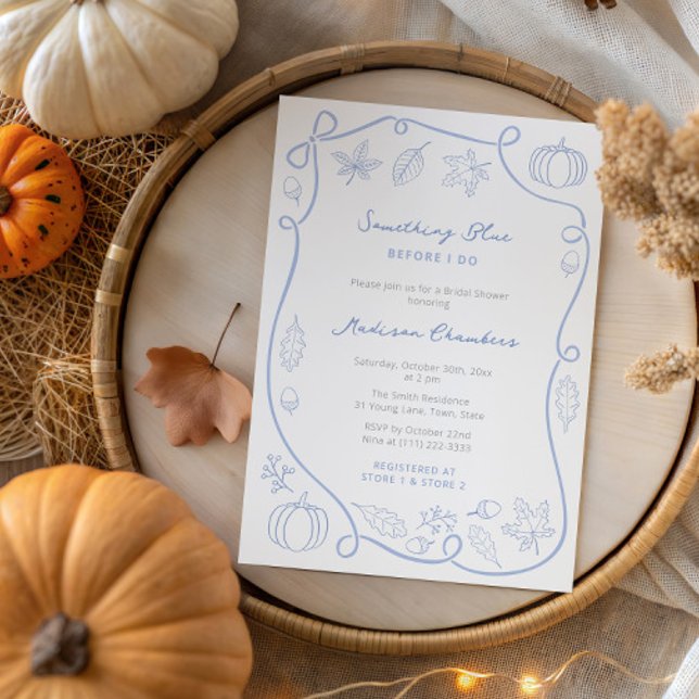 Invitation Whimsical quelque chose de bleu avant de faire Fêt (Fall-theme Something Blue Wedding shower invitation with hand drawn Autumn leaves & handwritten font)