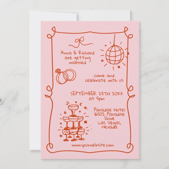 Invitation Whimsical Quirky DoodFrame Français Mariage rose (Devant)