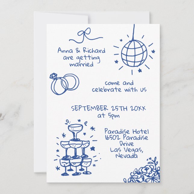 Invitation Whimsical Quirky French Doodle photo Mariage bleu (Devant)