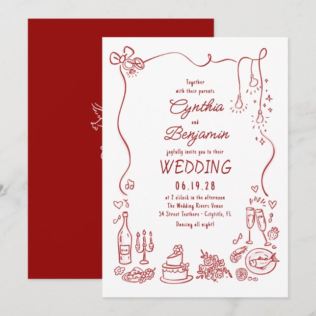 Invitation Whimsical Quirky Funky Hand Drawn Wedding (Devant / Derrière)