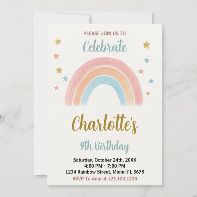 Invitation Whimsical Rainbow Birthday (Devant)