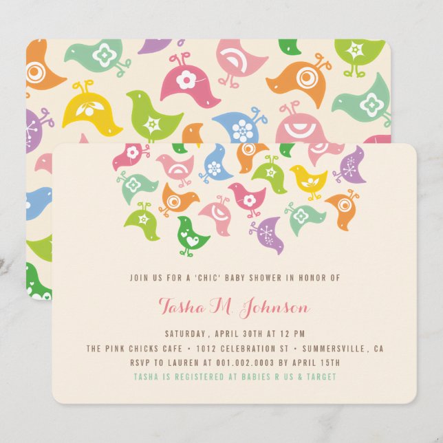Invitation Whimsical Rainbow Chicks Moderne Baby shower chic (Devant / Derrière)
