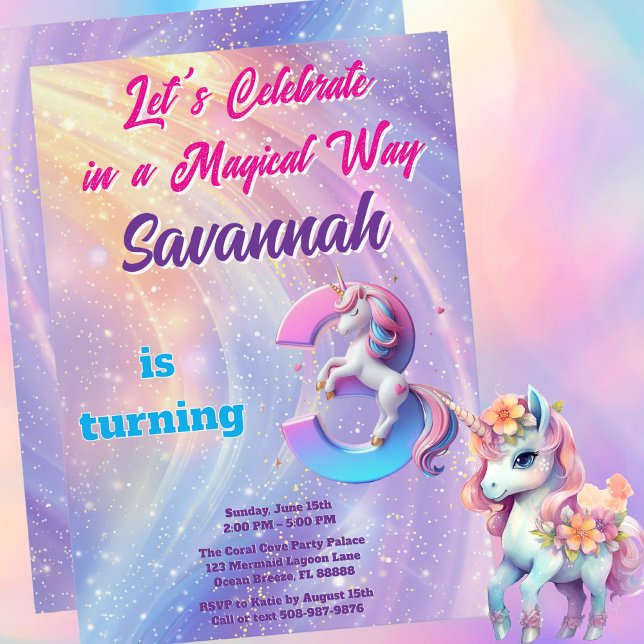 Invitation Whimsical Rainbow Unicorn 3ème anniversaire Invita (Magical Unicorn Birthday Party Invitation)