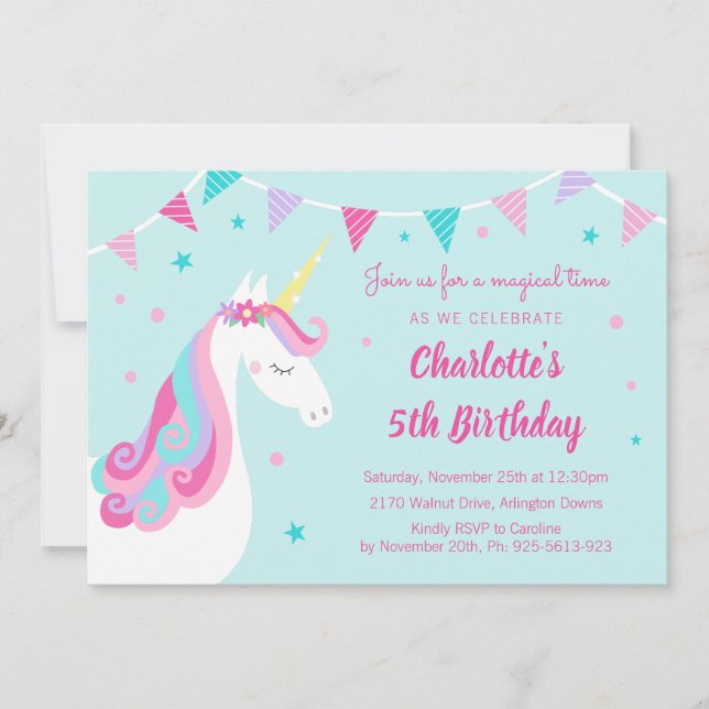 Invitation Whimsical Rainbow Unicorn Aqua 5e anniversaire (Devant)