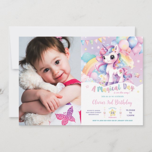Invitation Whimsical Rainbow Unicorn Magique Anniversaire Pho (Devant)