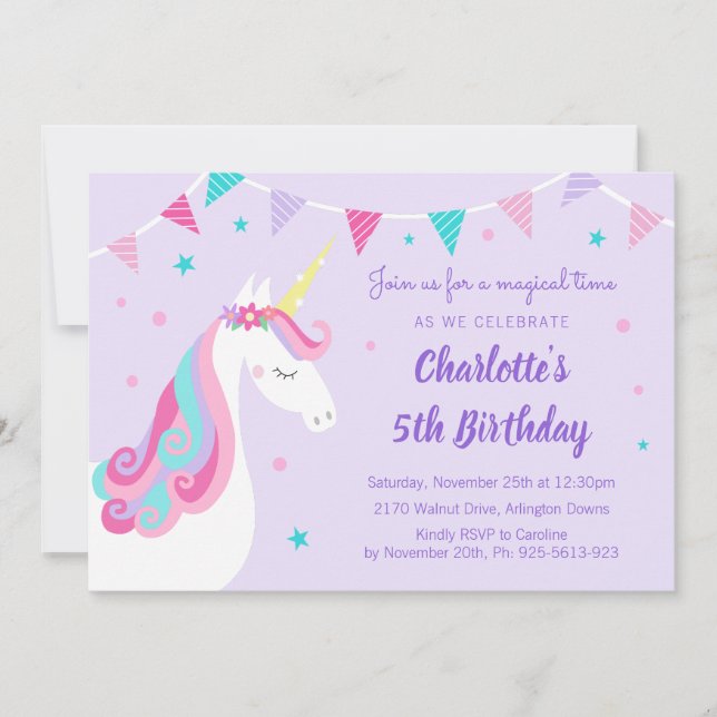 Invitation Whimsical Rainbow Unicorn Purple 5e anniversaire (Devant)