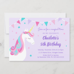 Invitation Whimsical Rainbow Unicorn Purple 5e anniversaire