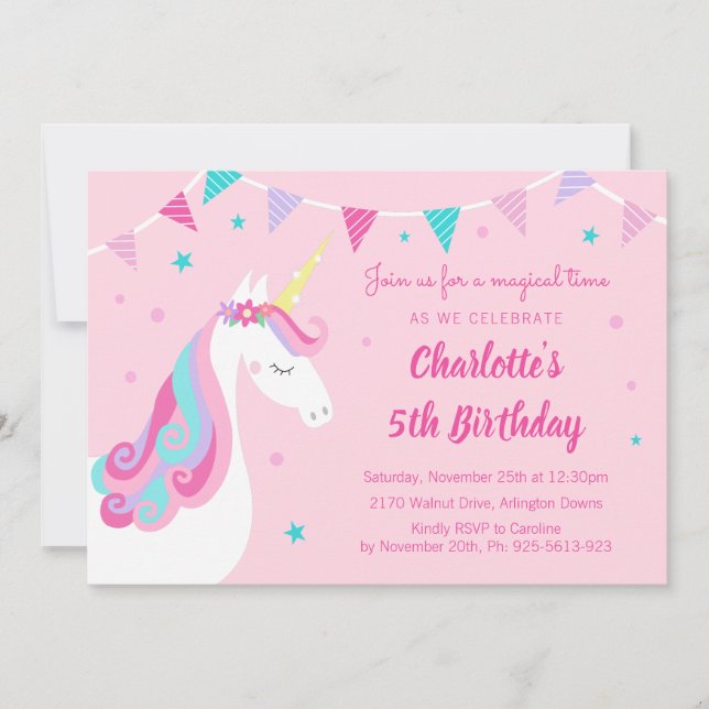 Invitation Whimsical Rainbow Unicorn rose 5e anniversaire (Devant)