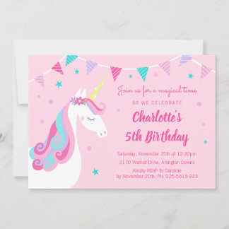 Invitation Whimsical Rainbow Unicorn rose 5e anniversaire