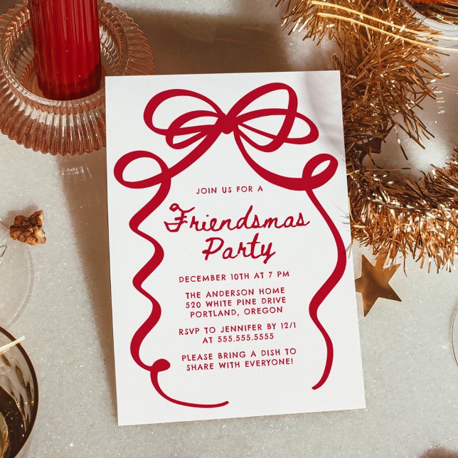 Invitation Whimsical Red Bow Friendsmas Christmas Party (Créateur téléchargé)