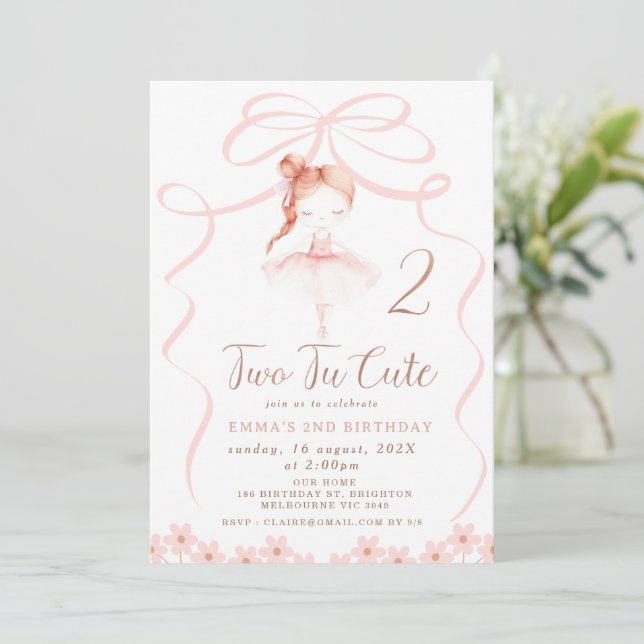 Invitation Whimsical Red Hair Ballerina Two Tu Cute Anniversa (Debout devant)