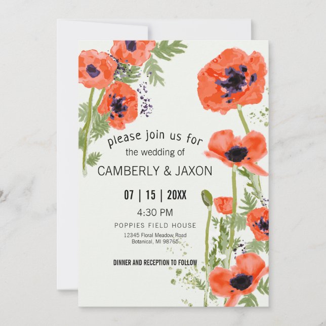 Invitation Whimsical Red Orange Poppies Mariage d'aquarelle (Devant)