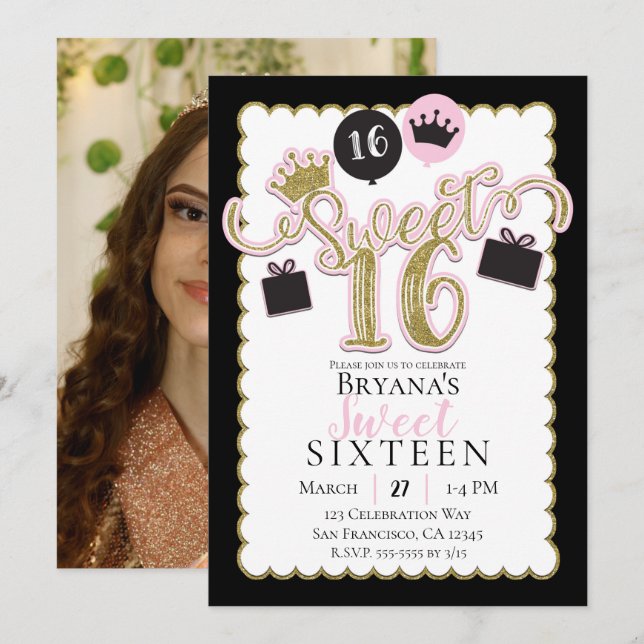 Invitation Whimsical Rose Black Sweet 16 Photo Anniversaire (Devant / Derrière)
