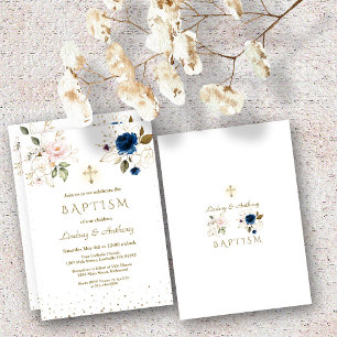 Invitation Whimsical rose Blush Gold Flowers Twins Baptême