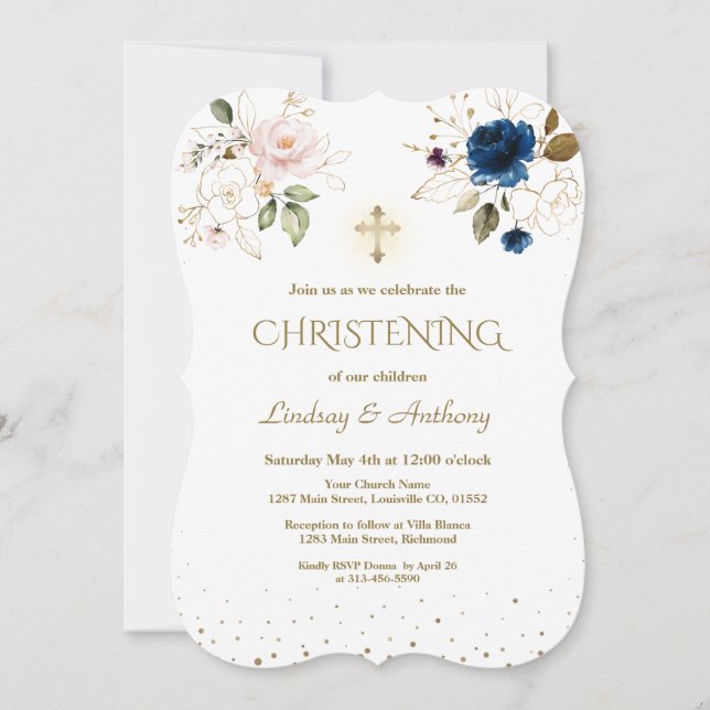 Invitation Whimsical Rose Blush Or Floral Twins Christening (Devant)