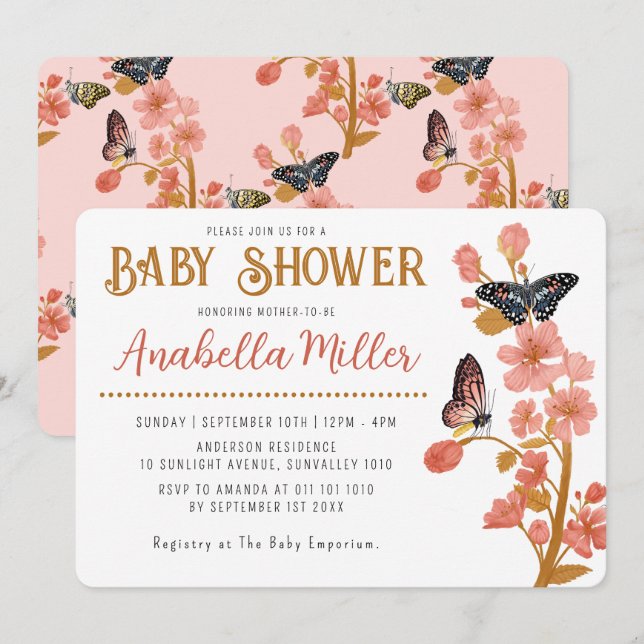Invitation Whimsical rose Boho Butterfly Baby shower fille (Devant / Derrière)