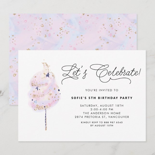Invitation Whimsical Rose Cotton Bonbons Filles Anniversaire (Devant / Derrière)