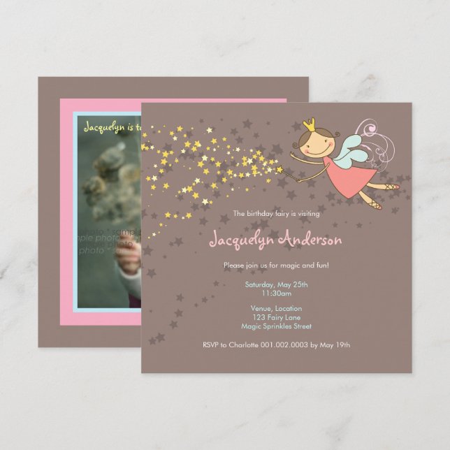 Invitation Whimsical Rose Fairy Princess Stars Fille Annivers (Devant / Derrière)