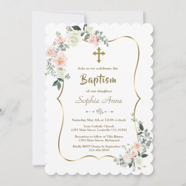 Invitation Whimsical rose Fleurs blanches Gold Girl Baptême (Devant)