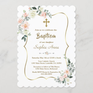Invitation Whimsical rose Fleurs blanches Gold Girl Baptême