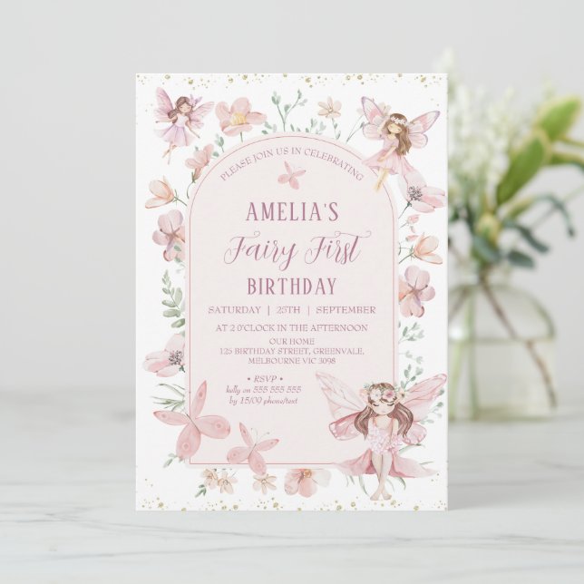 Invitation Whimsical rose Fleurs sauvages Fairy Premier anniv (Debout devant)