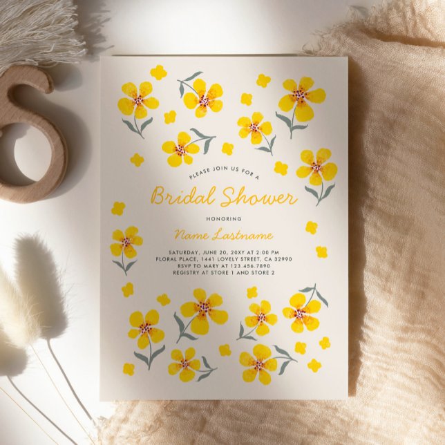 Invitation Whimsical Simple Folk Flowers Jaunes Fête des mari (Créateur téléchargé)