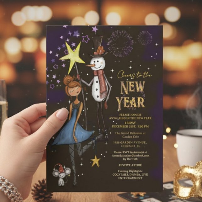 Invitation Whimsical Snowman & Starry Night New Year's Eve (Whimsical Snowman & Starry Night New Year's Eve Invitation)