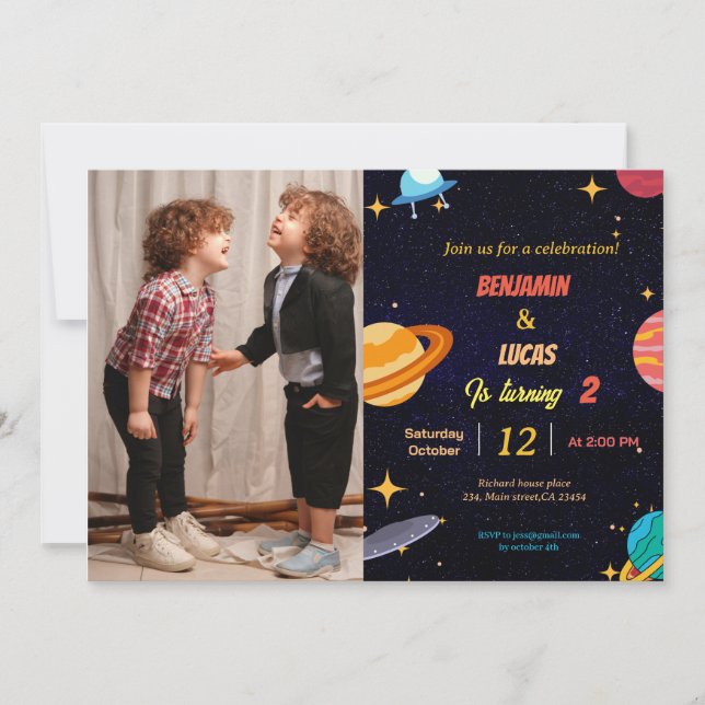 Invitation Whimsical Space jumeaux garçon fête d'anniversaire (Devant)