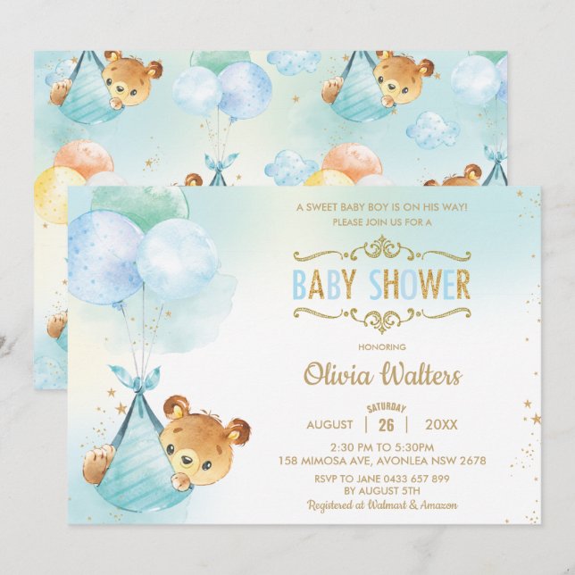 Invitation Whimsical Teddy Bear Balloons Baby shower garçon (Devant / Derrière)