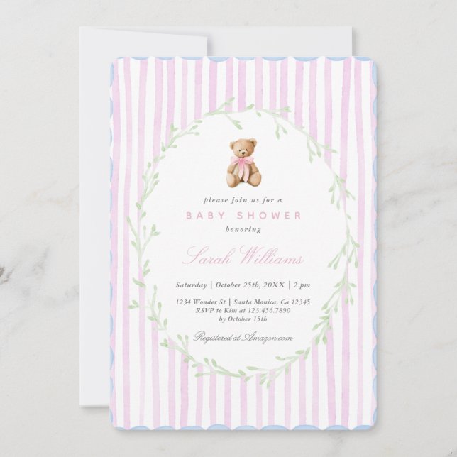 Invitation Whimsical Teddy ours Baby shower fille (Devant)