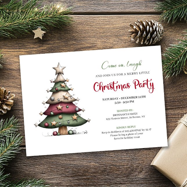 Invitation Whimsical tree classic red green Christmas invite (Whimsical tree classic red green Christmas invite)